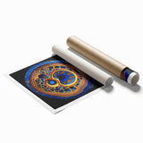 Abstract wall art print showcasing vibrant strokes in shades of blue, orange, and yellow, designed to enhance modern interiors. Ideal for home decor, this rolled canvas piece adds a pop of color and creativity to any space. Perfect for art enthusiasts seeking unique decorative accents.