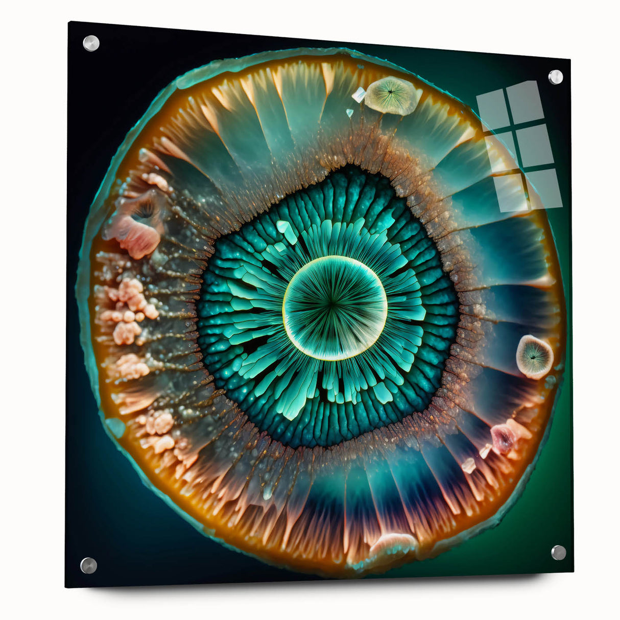 Abstract wall art design featuring colorful strokes on acrylic glass, displayed in a stylish side view with metallic pins, perfect for modern home decor.