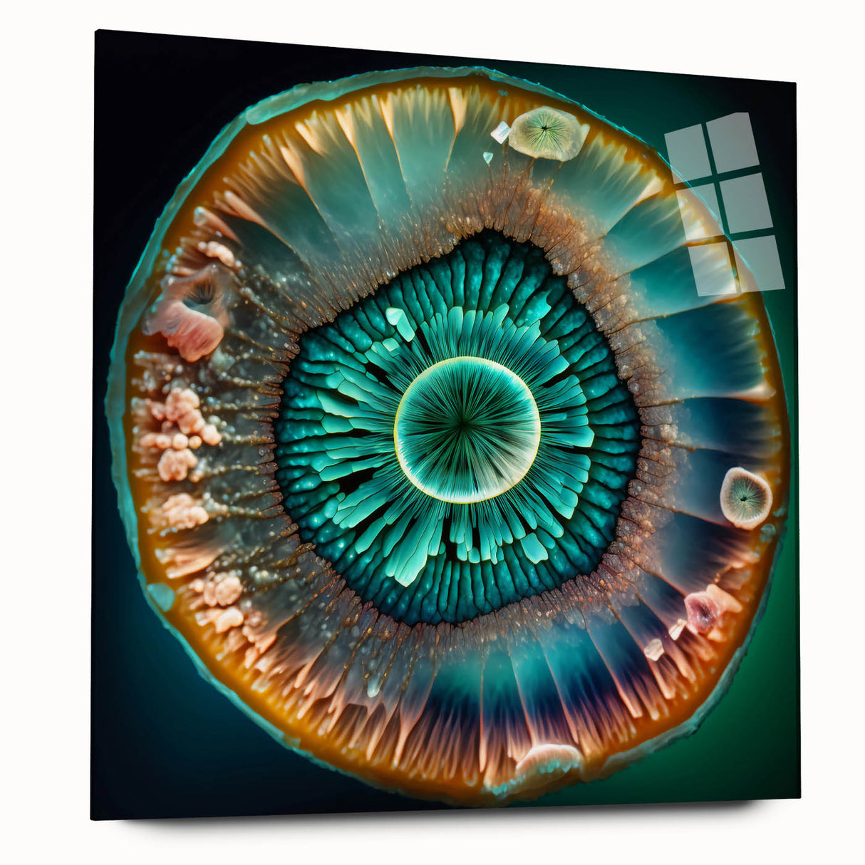 Abstract wall art design featuring vibrant acrylic strokes in shades of blue, orange, and yellow, presented in a sleek glass frame, showcasing a contemporary aesthetic ideal for modern decor.