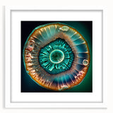 Abstract wall art featuring vibrant strokes in shades of blue, pink, and gold, framed with a white mat, ideal for modern home decor. Perfect for adding a pop of color to living spaces.