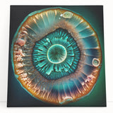 Abstract wall art featuring vibrant strokes of blue, orange, and yellow on a stretched canvas, leaning against a white wall, perfect for modern home decor.