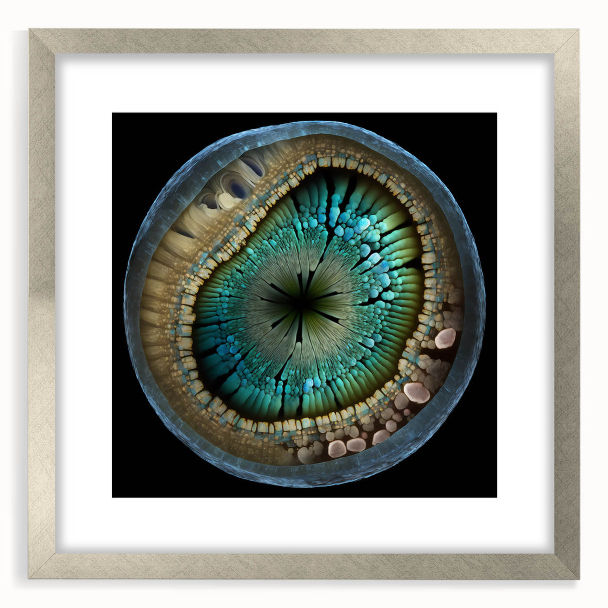 Abstract strokes wall art framed in silver with a mat, showcasing vibrant colors and dynamic shapes for a contemporary decor style. Ideal for modern interiors.