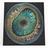 Abstract wall art featuring vibrant strokes in blue, orange, and yellow hues on a stretched canvas, leaning against a neutral wall, perfect for modern decor.