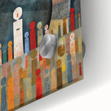 Close-up of an abstract wall art piece showcasing vibrant strokes in various shades of blue and gold, printed on acrylic glass for a modern aesthetic. Ideal for contemporary home decor, enhancing any room with its artistic flair.