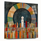 Abstract wall art showcasing vibrant strokes in shades of blue, pink, and gold, displayed in a sleek acrylic frame, enhancing modern interior decor.