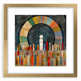 Abstract wall art featuring vibrant strokes in gold and neutral tones, elegantly framed with a mat, perfect for modern home decor and stylish interiors.