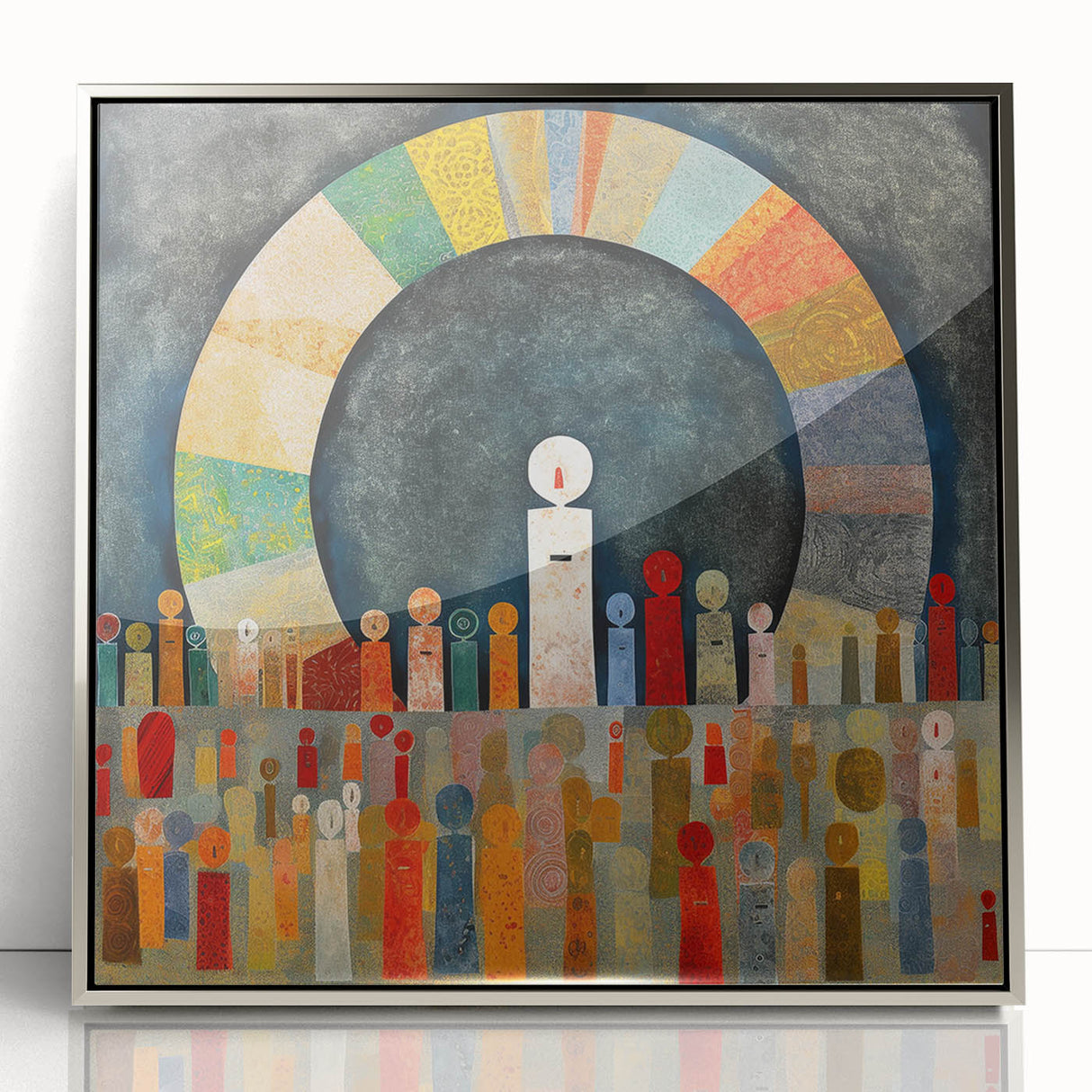 Framed abstract strokes wall art in silver acrylic, showcasing dynamic brush strokes in shades of blue, gray, and white, perfect for modern decor.