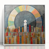 Framed abstract wall art featuring dynamic strokes in shades of blue and white, presented in a sleek white frame, perfect for modern home decor.