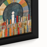 Close-up of a framed canvas wall art piece showcasing vibrant abstract strokes in shades of blue, orange, and yellow, adding a modern touch to any decor.