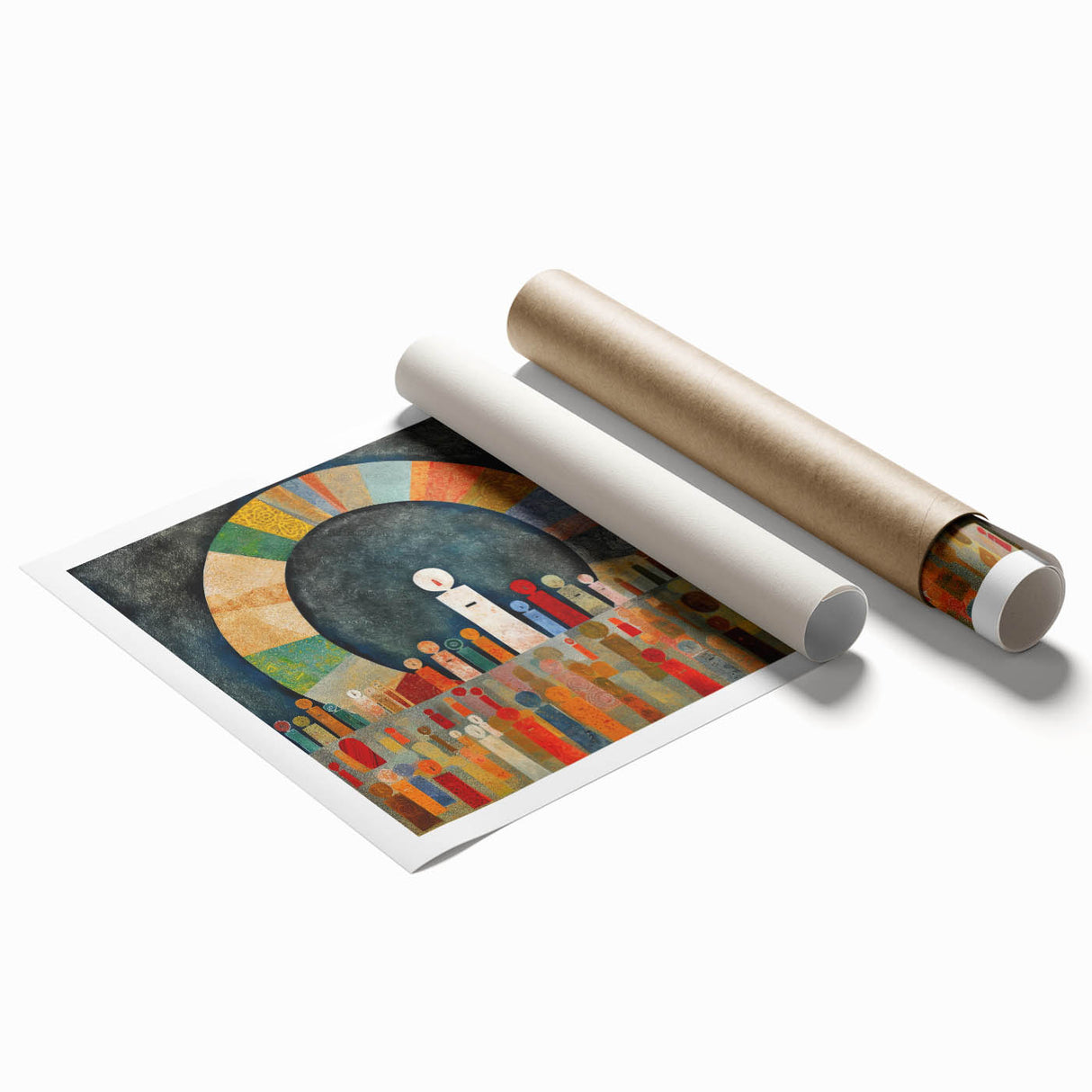 Abstract strokes wall art print showcasing vibrant colors and dynamic shapes, rolled up for easy shipping, perfect for modern home decor.