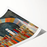 Abstract wall art print featuring dynamic strokes in vibrant hues of blue, orange, and yellow, rolled in a protective cardboard tube for easy shipping and display.