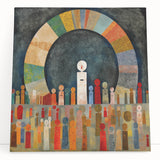 Abstract wall art canvas featuring vibrant strokes in blue, orange, and yellow hues, elegantly leaning against a neutral wall, enhancing modern decor aesthetics. Ideal for contemporary spaces, this artwork adds a pop of color and creativity to any room.