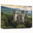 Acrylic glass artwork depicting a stunning side view of a castle landscape, showcasing vibrant colors and intricate details, elegantly displayed with pins for easy mounting.