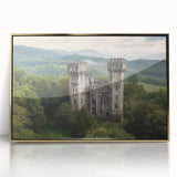 Framed acrylic artwork depicting a serene landscape with a majestic castle, highlighted by elegant gold accents, perfect for home decor and art enthusiasts.