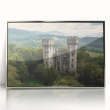 Framed acrylic artwork showcasing a picturesque landscape with a majestic castle, elegantly designed in silver tones, perfect for home decor and art enthusiasts.