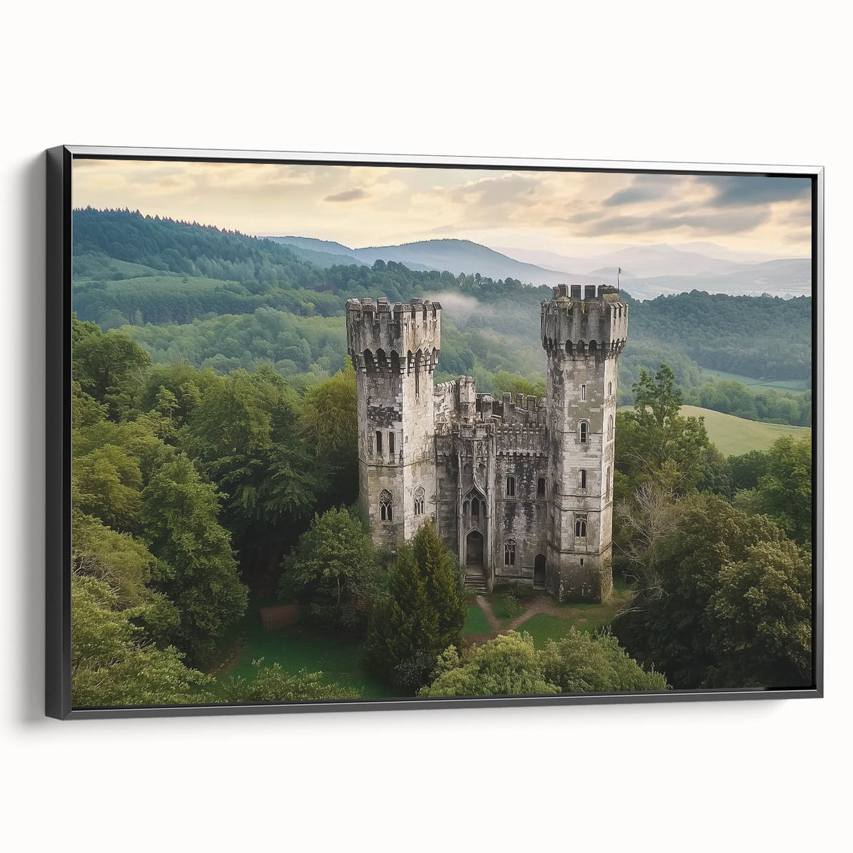 Framed canvas artwork depicting a scenic landscape with a castle, featuring a black frame and side view, perfect for home decor or office ambiance.