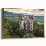 Framed canvas artwork depicting a vibrant landscape with a majestic castle, featuring a gold frame and side view, ideal for enhancing home decor and artistic ambiance.