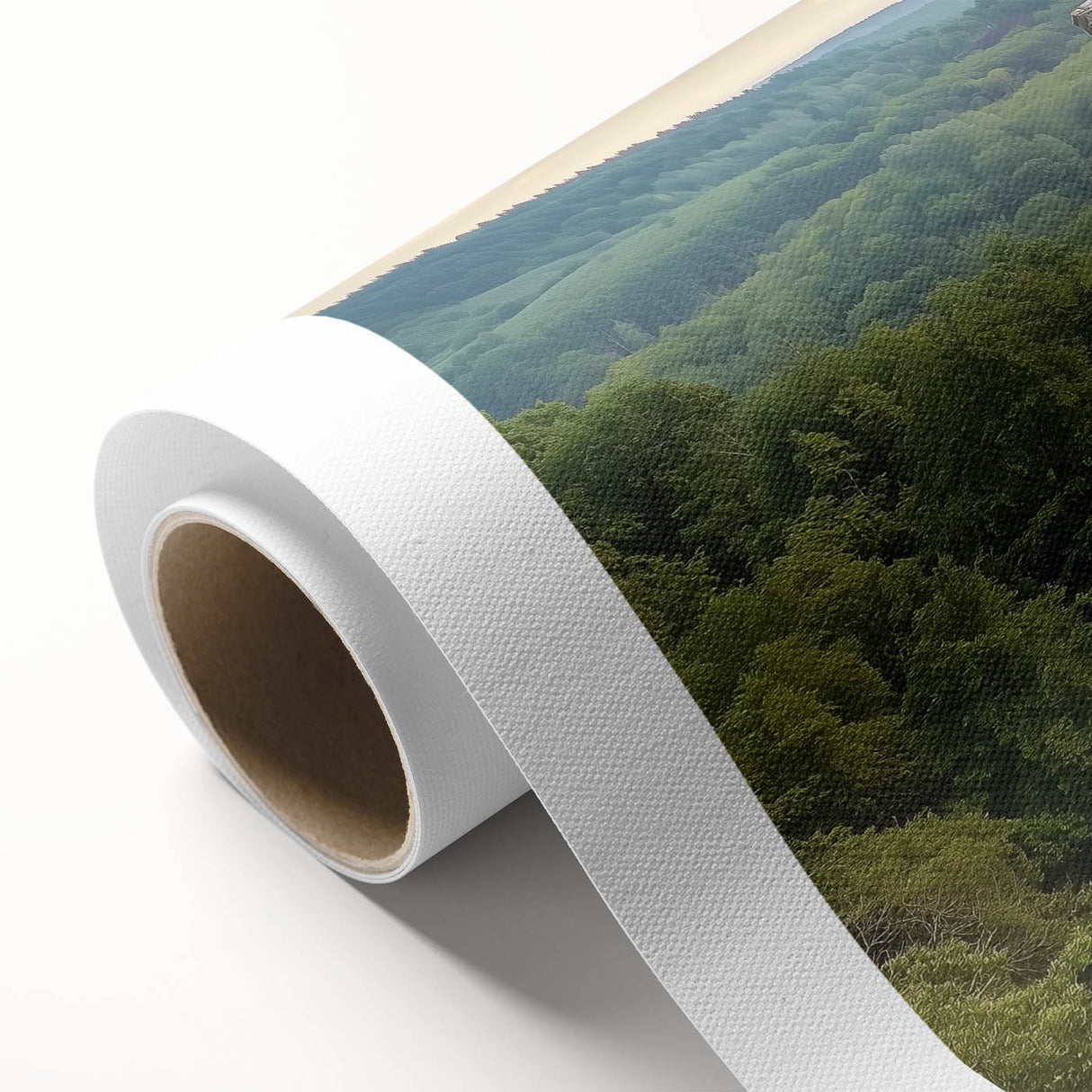 Rolled canvas artwork depicting a scenic landscape with a majestic castle surrounded by lush greenery and a vibrant sky, ideal for home decor or office ambiance.