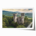 Rolled print of a serene landscape featuring a majestic castle surrounded by lush greenery and a vibrant sky, elegantly packaged for art enthusiasts.