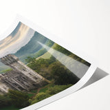 Scenic landscape art print showcasing a majestic castle surrounded by lush greenery, rolled for easy transport and display, perfect for home decor enthusiasts.