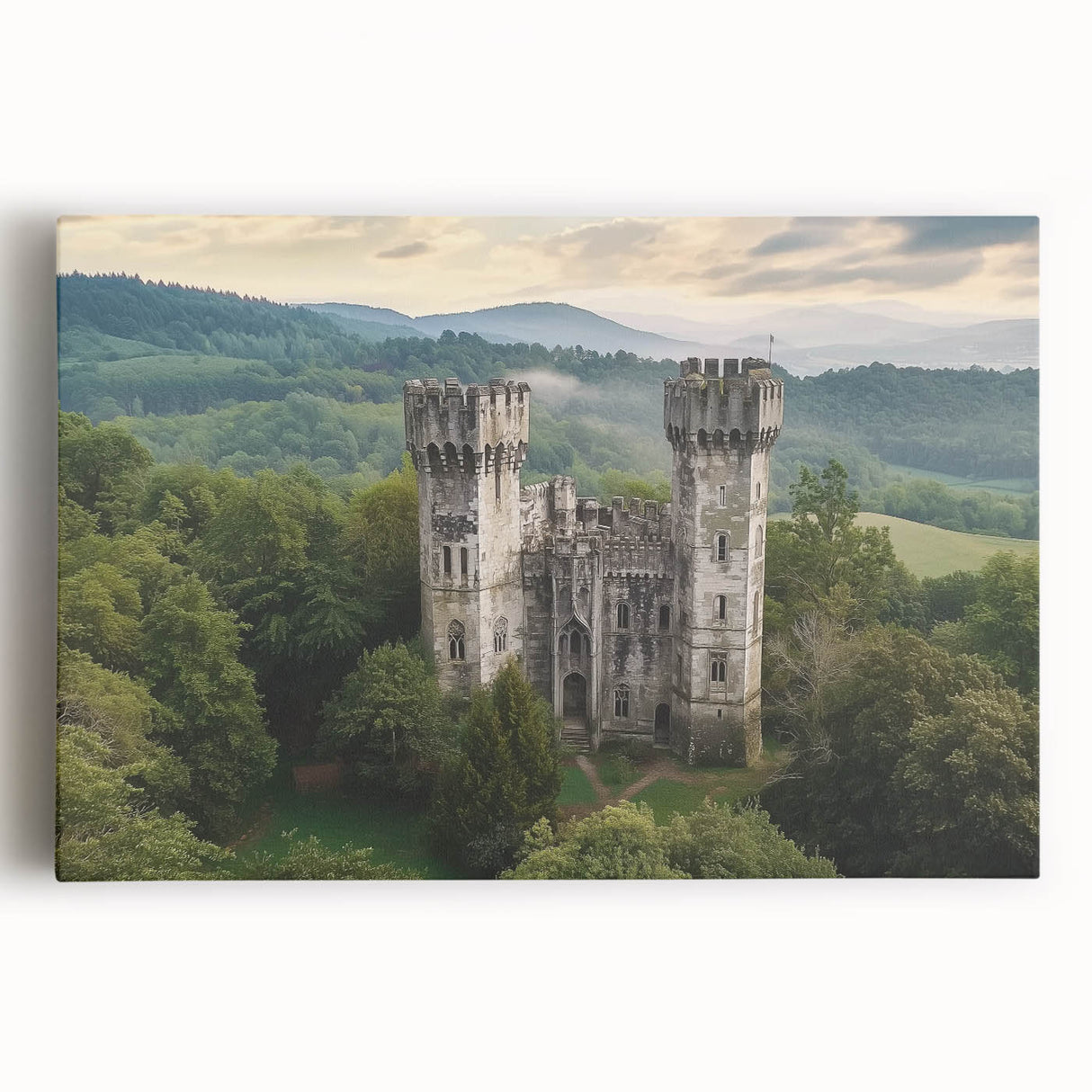 Stretched canvas artwork depicting a majestic castle surrounded by lush landscapes, featuring vibrant colors and intricate details, ideal for home decor.