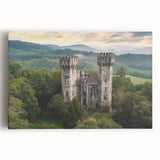 Stretched canvas artwork depicting a majestic castle surrounded by lush landscapes, featuring vibrant colors and intricate details, ideal for home decor.