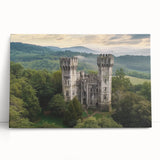 Stretched canvas artwork depicting a scenic landscape with a majestic castle, lush greenery, and vibrant skies, perfect for home or office decor.
