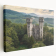Stretched canvas artwork showcasing a serene landscape with a majestic castle set against a vibrant sunset, ideal for home decor and enhancing interior aesthetics.