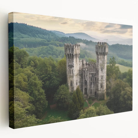 Stretched canvas artwork showcasing a serene landscape with a majestic castle set against a vibrant sunset, ideal for home decor and enhancing interior aesthetics.