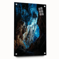 Acrylic glass artwork depicting a serene landscape with intricate cave formations, displayed from a side view with decorative pins. Ideal for modern home decor.