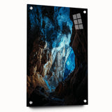 Acrylic glass artwork depicting a serene landscape with intricate cave formations, displayed from a side view with decorative pins. Ideal for modern home decor.