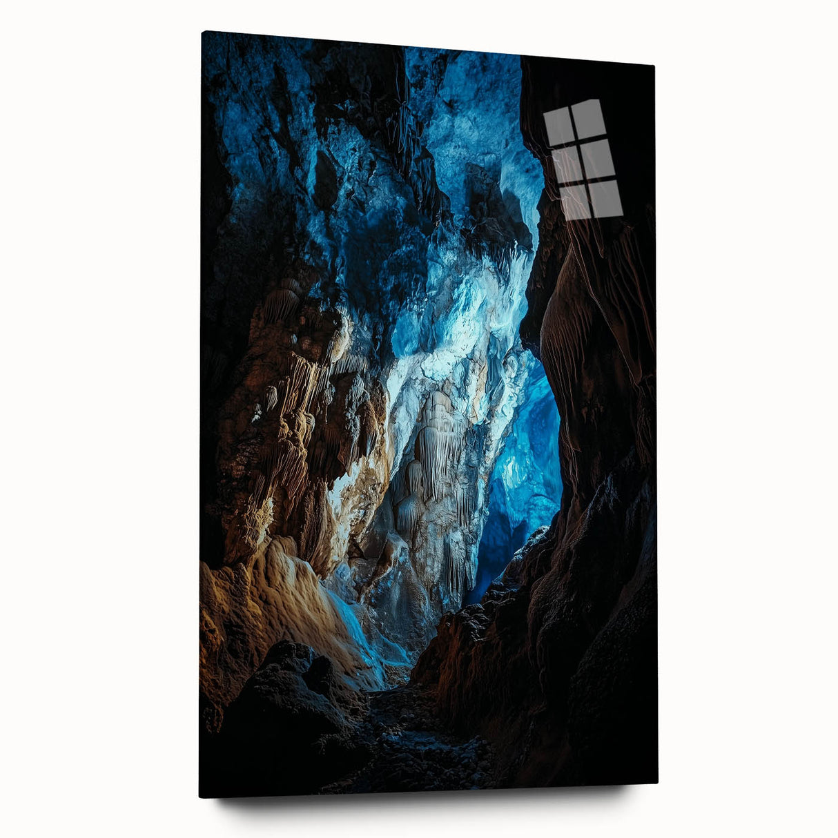 Acrylic glass artwork showcasing a stunning landscape featuring intricate cave formations, displayed in a side view without pins, emphasizing vibrant colors and unique textures.