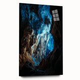 Acrylic glass artwork showcasing a stunning landscape featuring intricate cave formations, displayed in a side view without pins, emphasizing vibrant colors and unique textures.