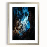 Elegant silver-framed landscape artwork featuring intricate cave designs, displayed with a white mat, perfect for enhancing modern home decor and gallery walls.