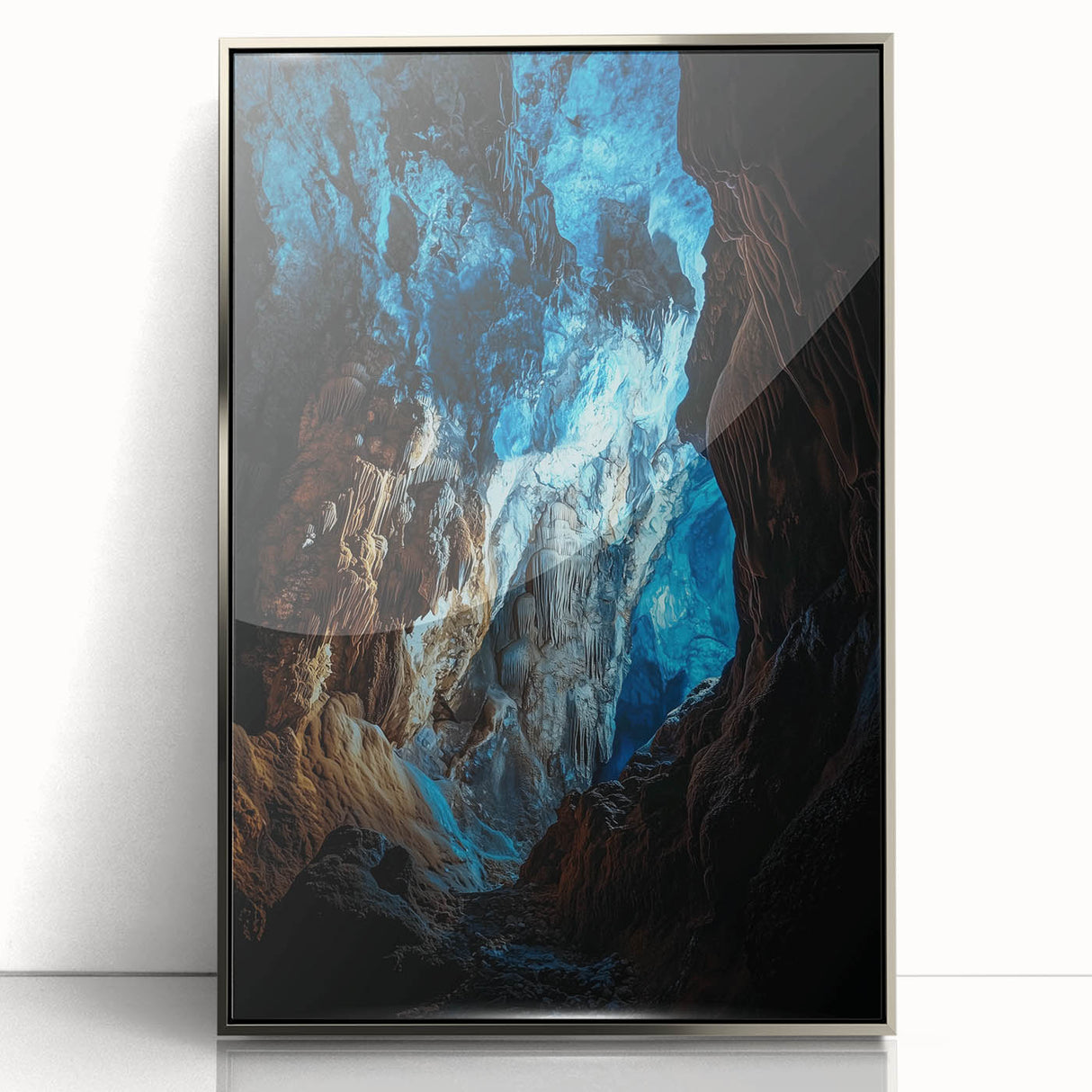 Framed acrylic artwork showcasing a stunning cave landscape with intricate details, featuring a silver frame that enhances the overall aesthetic, ideal for modern decor.