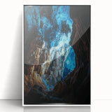 Framed acrylic artwork showcasing a vibrant landscape with intricate cave details, featuring a sleek white frame, ideal for modern home decor and artistic enhancement.
