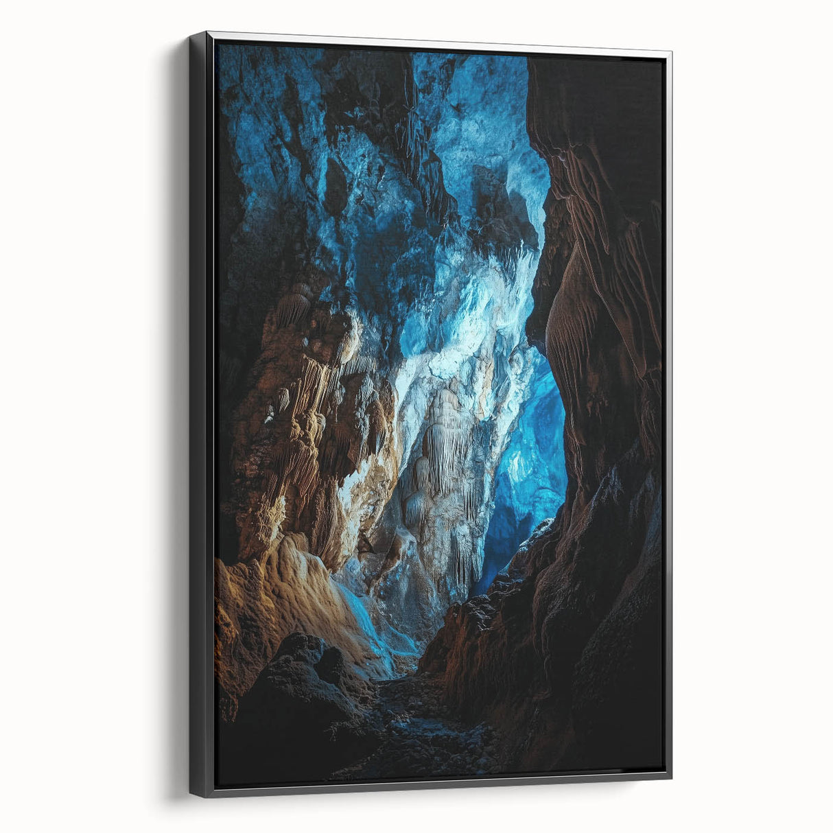 Framed canvas artwork depicting a stunning cave landscape, featuring rich earthy tones and intricate details, showcased from a black side view for a modern aesthetic. Ideal for enhancing home decor with nature-inspired artistry.