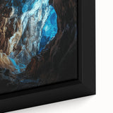 Close-up of a framed canvas artwork depicting a dramatic landscape with intricate cave formations and earthy tones, ideal for modern home decor.