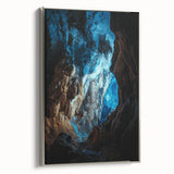 Framed canvas artwork depicting a serene landscape with caves, showcasing intricate details and a silver frame, perfect for enhancing home decor.