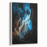 Framed canvas artwork depicting a serene landscape with caves and vibrant colors, showcased from a side view against a white background, ideal for home decor.