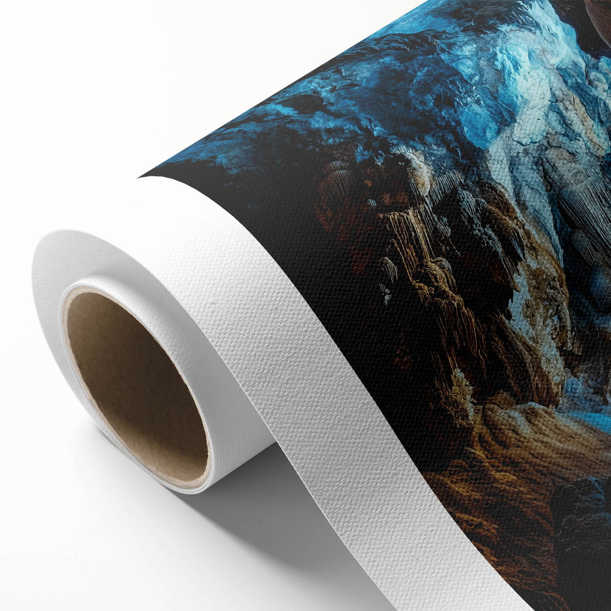 Rolled canvas showcasing a vibrant landscape scene with caves, featuring rich earthy tones and intricate details, perfect for home decor and art enthusiasts.