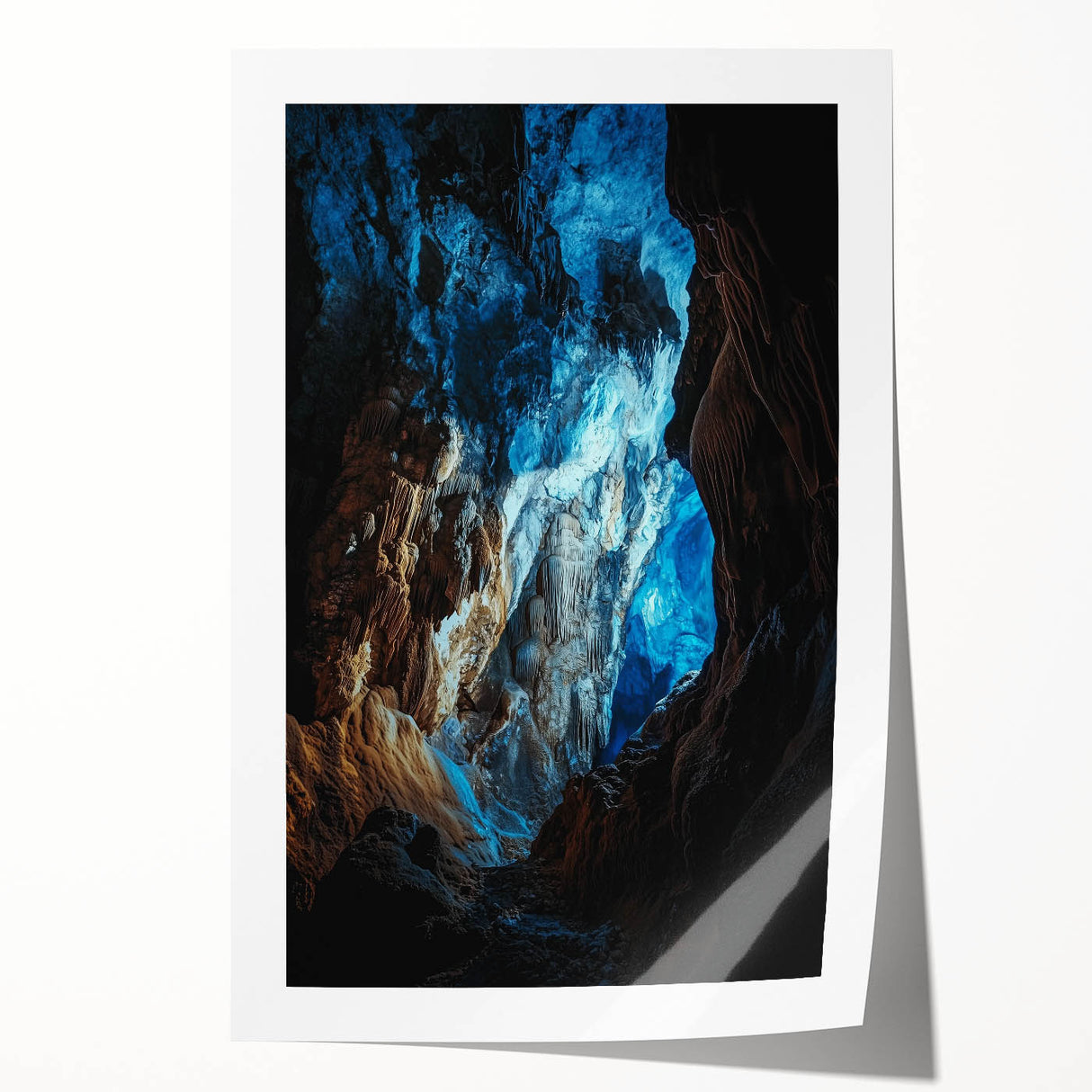 Beautiful rolled print showcasing a serene landscape with cave formations, featuring earthy tones and intricate details, perfect for home decor.