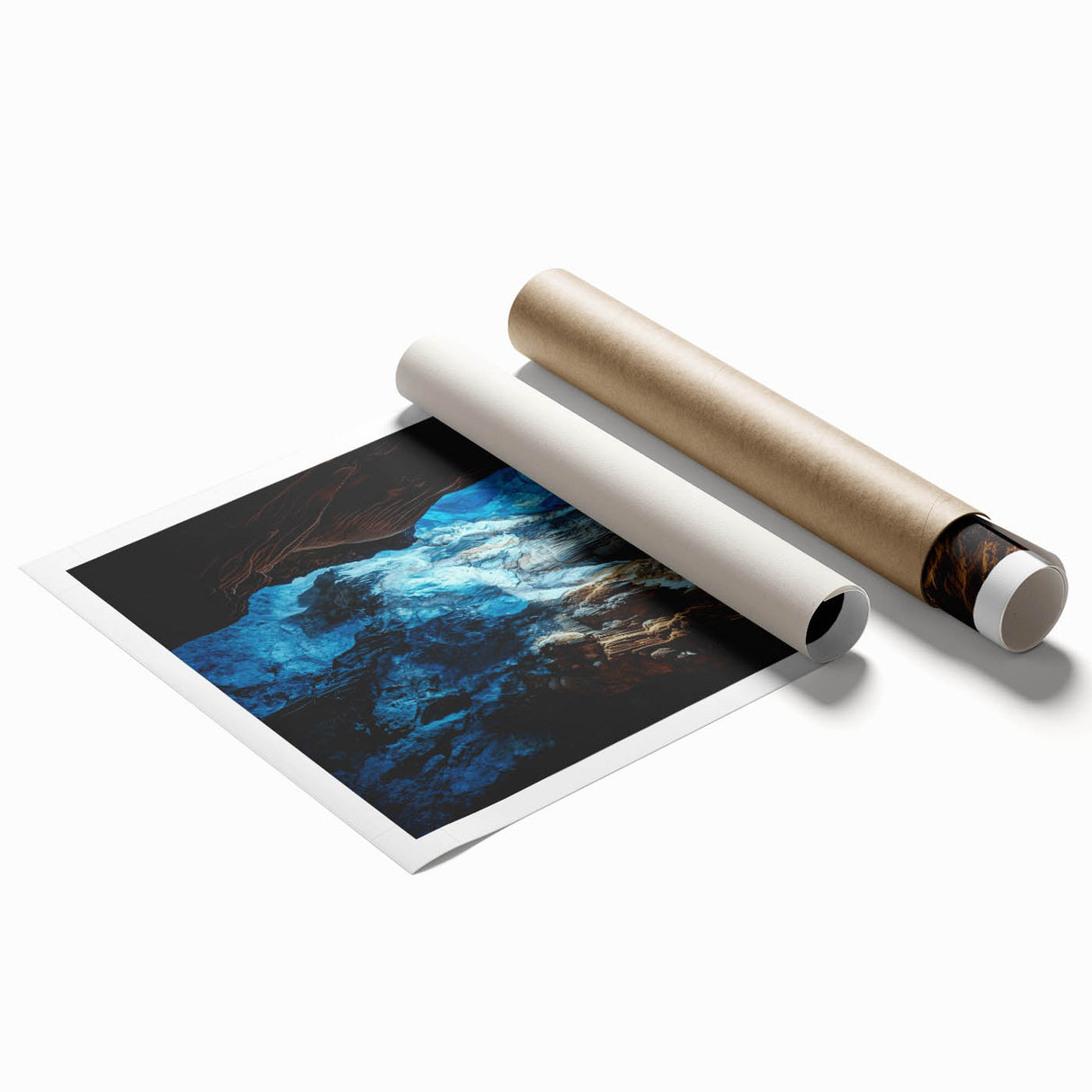 Vibrant rolled print showcasing a stunning landscape design with intricate cave formations, elegantly wrapped in protective cardboard for preservation.