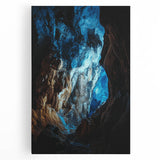 Stretched canvas artwork depicting a serene landscape with intricate cave formations and vibrant colors, ideal for home decor or artistic display.