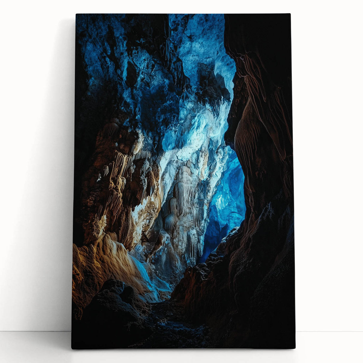 Stretched canvas art depicting a serene landscape with caves and natural elements, showcasing earthy tones and textures, perfect for home decor or art lovers.