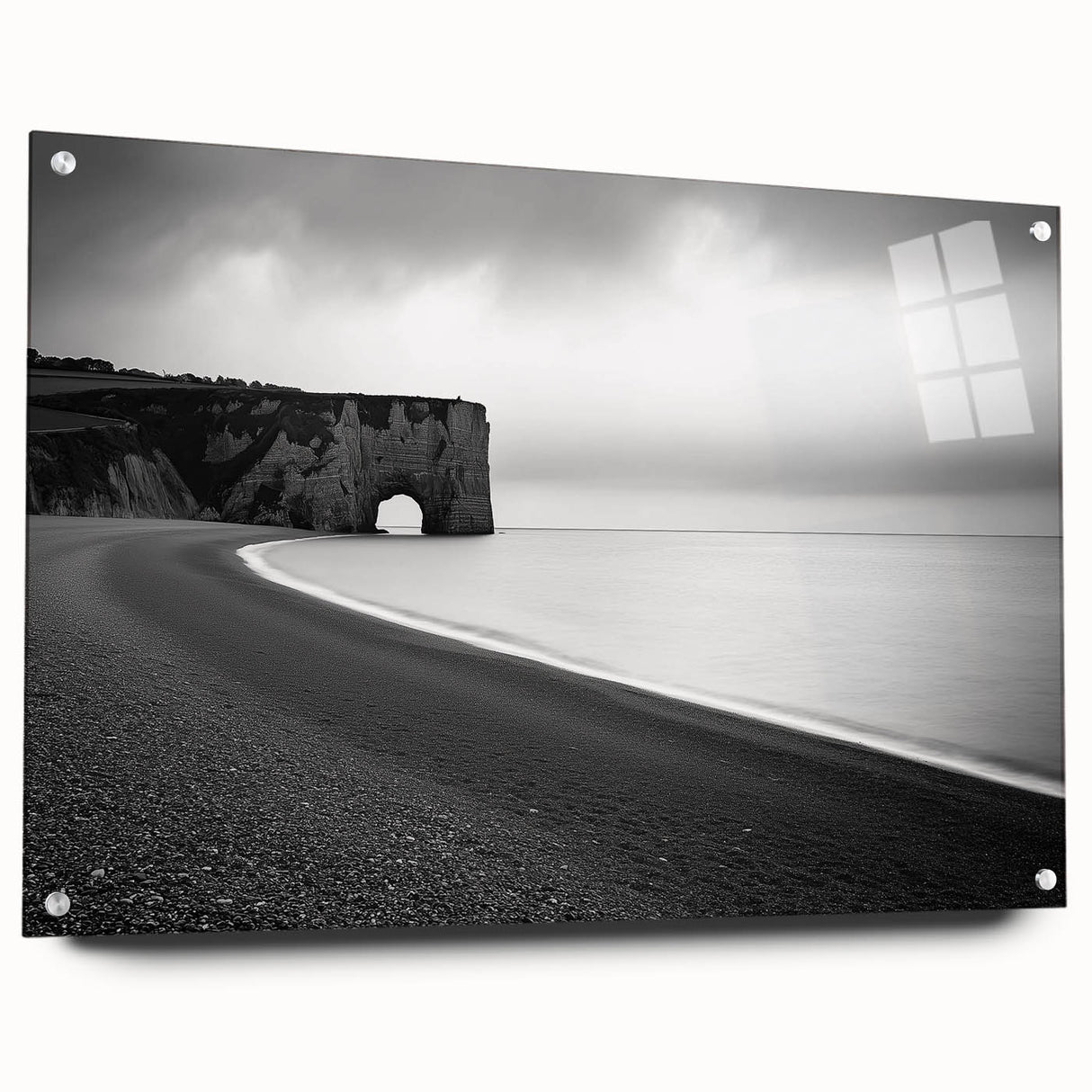 Acrylic landscape art piece depicting dramatic cliffs in vibrant colors, displayed from a side view with decorative pins, ideal for modern home decor.