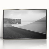 Framed acrylic artwork showcasing a stunning landscape of towering cliffs with a silver finish, perfect for modern home decor and interior design aesthetics.