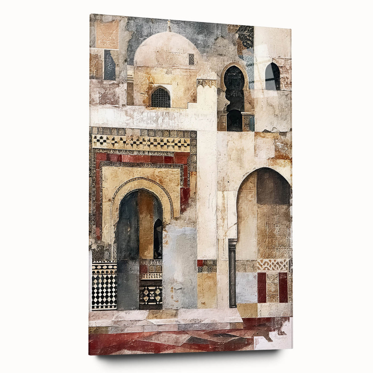Abstract architectural wall art design displayed in a sleek acrylic glass frame, showcasing vibrant colors and geometric patterns, perfect for modern decor. The side view highlights the artwork’s depth and clarity, making it an eye-catching focal point for any room.