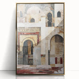 Framed acrylic wall art showcasing an abstract architectural design with a striking gold color scheme, perfect for modern home decor and artistic interiors.