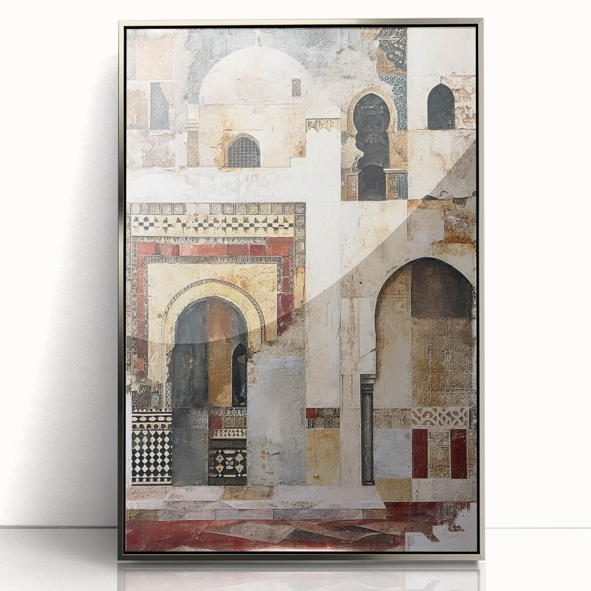 Abstract architectural wall art framed in silver acrylic, showcasing geometric shapes and vibrant colors, perfect for modern home decor or office spaces.